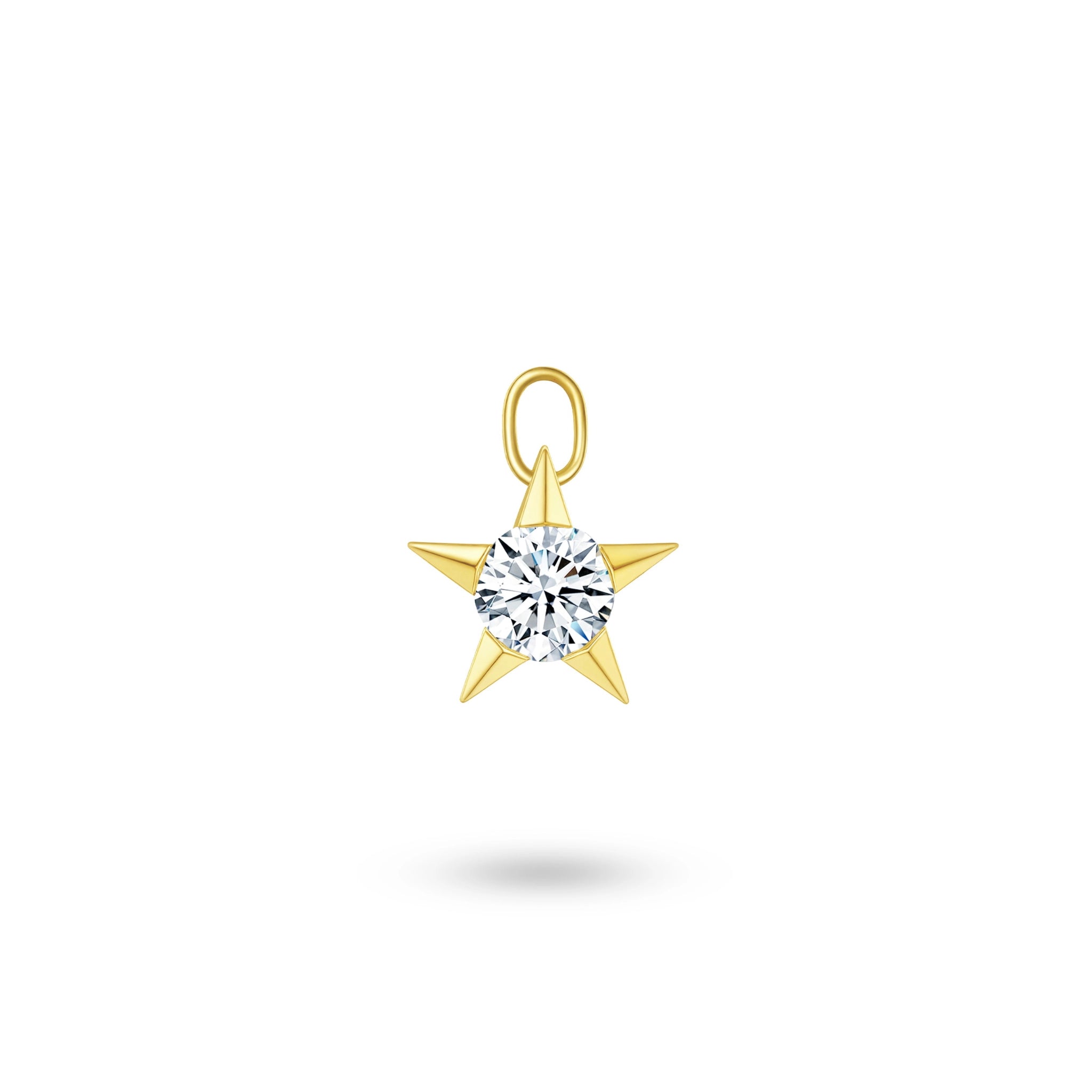 Front view of the J'ENCHANTE MOD collection 18k gold star lab-grown diamond pendant, featuring a brilliant round-cut diamond set in a classic five-point star design.