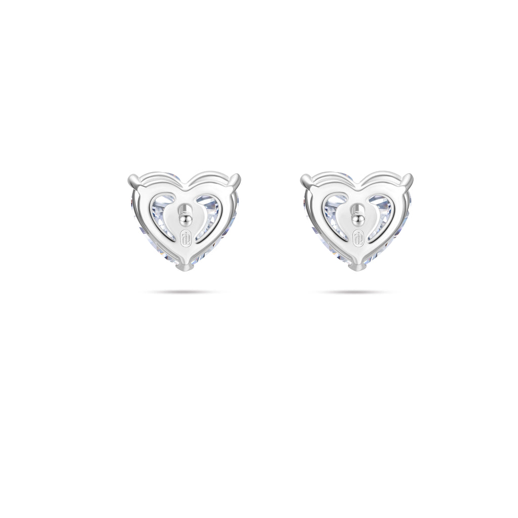 Back gallery view of the J'ENCHANTE ONE heart-cut diamond stud earrings, showcasing the clean, open-backed setting and engraved brand hallmark. This refined architectural structure maximizes light passage from behind while ensuring a secure and perfectly flush fit on the ear.