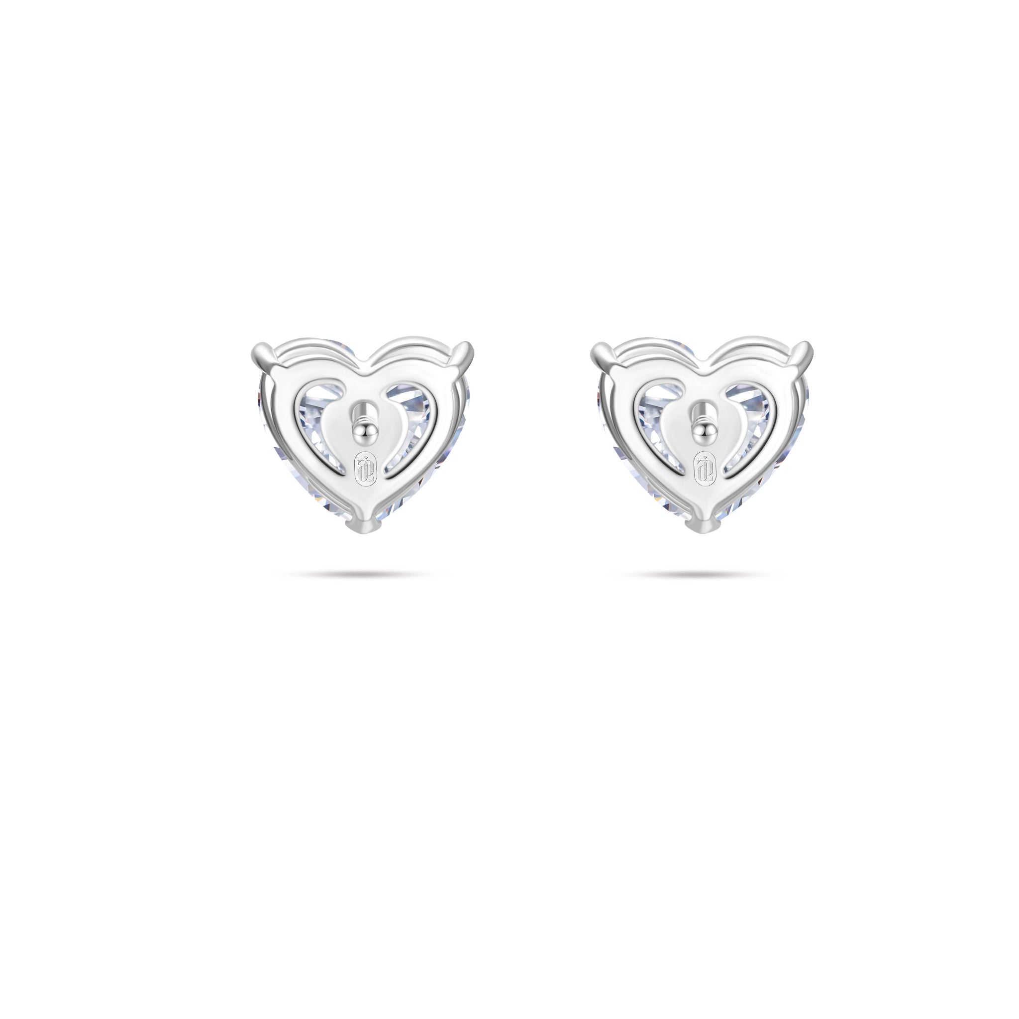 Back gallery view of the J'ENCHANTE ONE heart-cut diamond stud earrings, showcasing the clean, open-backed setting and engraved brand hallmark. This refined architectural structure maximizes light passage from behind while ensuring a secure and perfectly flush fit on the ear.