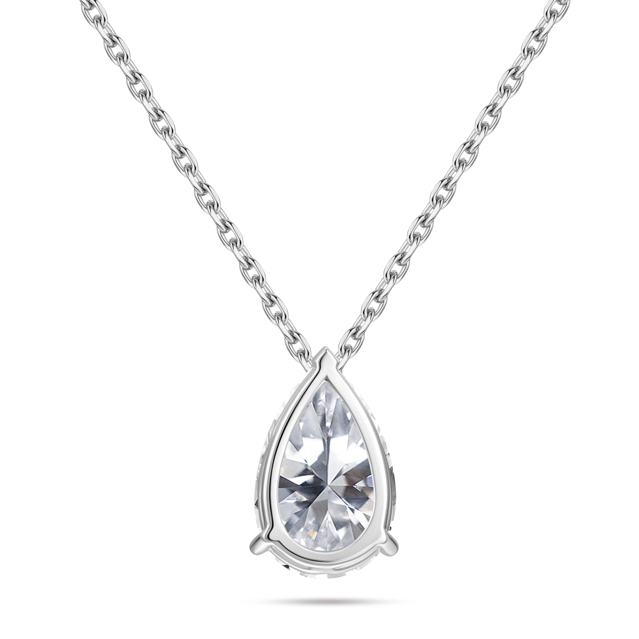 Back gallery view of the J'ENCHANTE ONE pear diamond necklace, highlighting the signature J-setting and open-backed structure. The elegantly curved setting seamlessly flows into the pendant, gently lifting the stone from behind to allow maximum light to pass through, dramatically enhancing the clarity and brilliance of the pear cut.