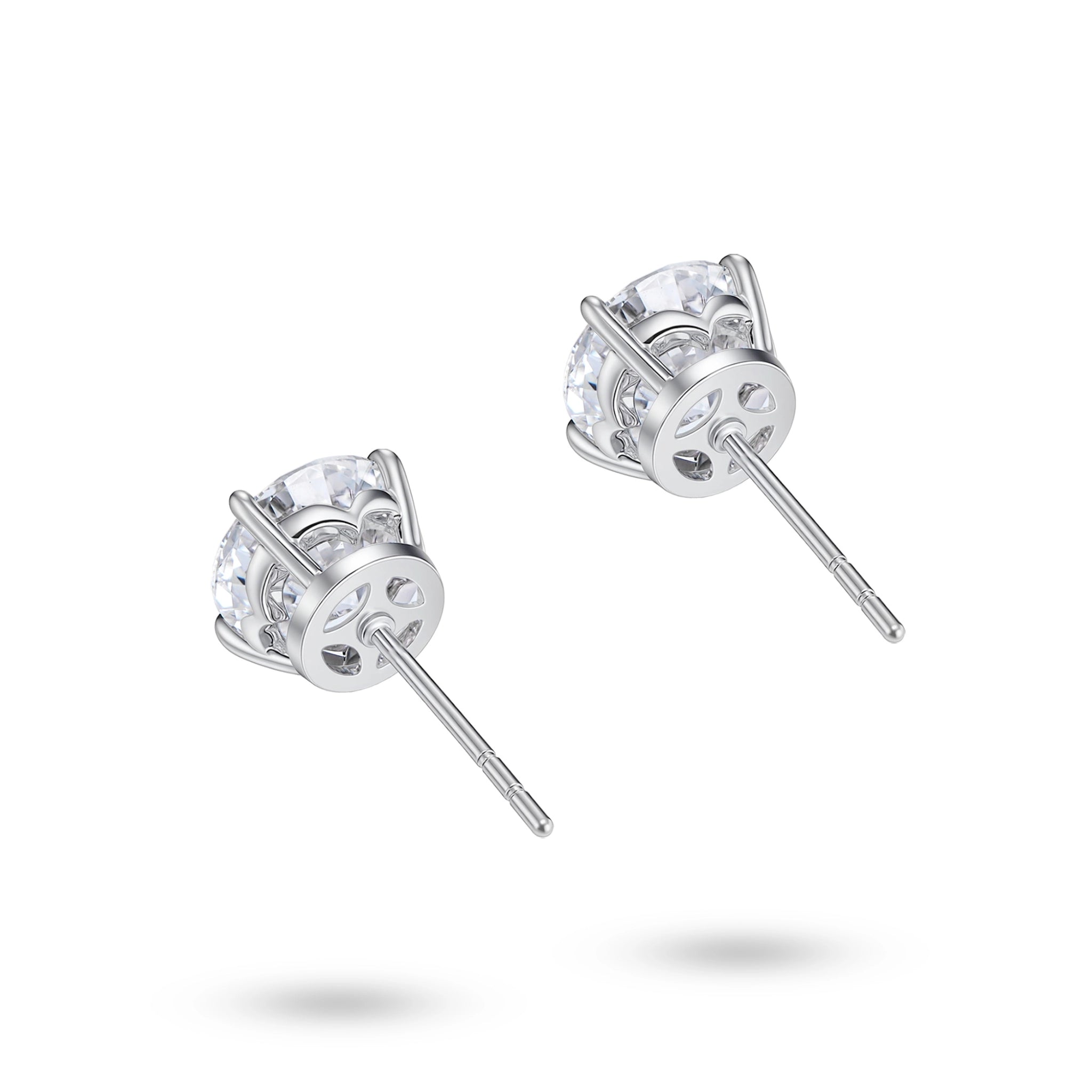 Back view of the J'ENCHANTE ONE round diamond stud earrings, showcasing the secure stud post and intricately crafted open gallery. This refined architectural back structure ensures maximum light passage and comfortable, secure everyday wear for large carat diamonds.