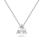 Front view of the J'ENCHANTE ONE trilliant-cut diamond solitaire necklace in white gold. Centered on a brilliant triangular diamond, the minimalist design highlights clean geometry softened by subtle curves, making a refined, confident, and unmistakably distinct statement.