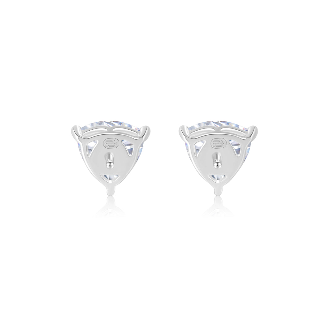 Back view of the J'ENCHANTE ONE trilliant-cut diamond stud earrings, showcasing the clean, open-backed setting and engraved brand hallmark. This refined architectural gallery maximizes light passage from behind while ensuring a secure, flush, and comfortable fit.