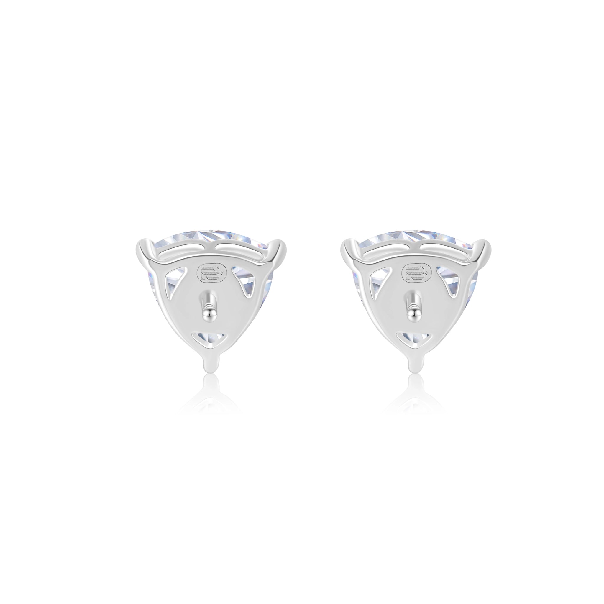 Back view of the J'ENCHANTE ONE trilliant-cut diamond stud earrings, showcasing the clean, open-backed setting and engraved brand hallmark. This refined architectural gallery maximizes light passage from behind while ensuring a secure, flush, and comfortable fit.