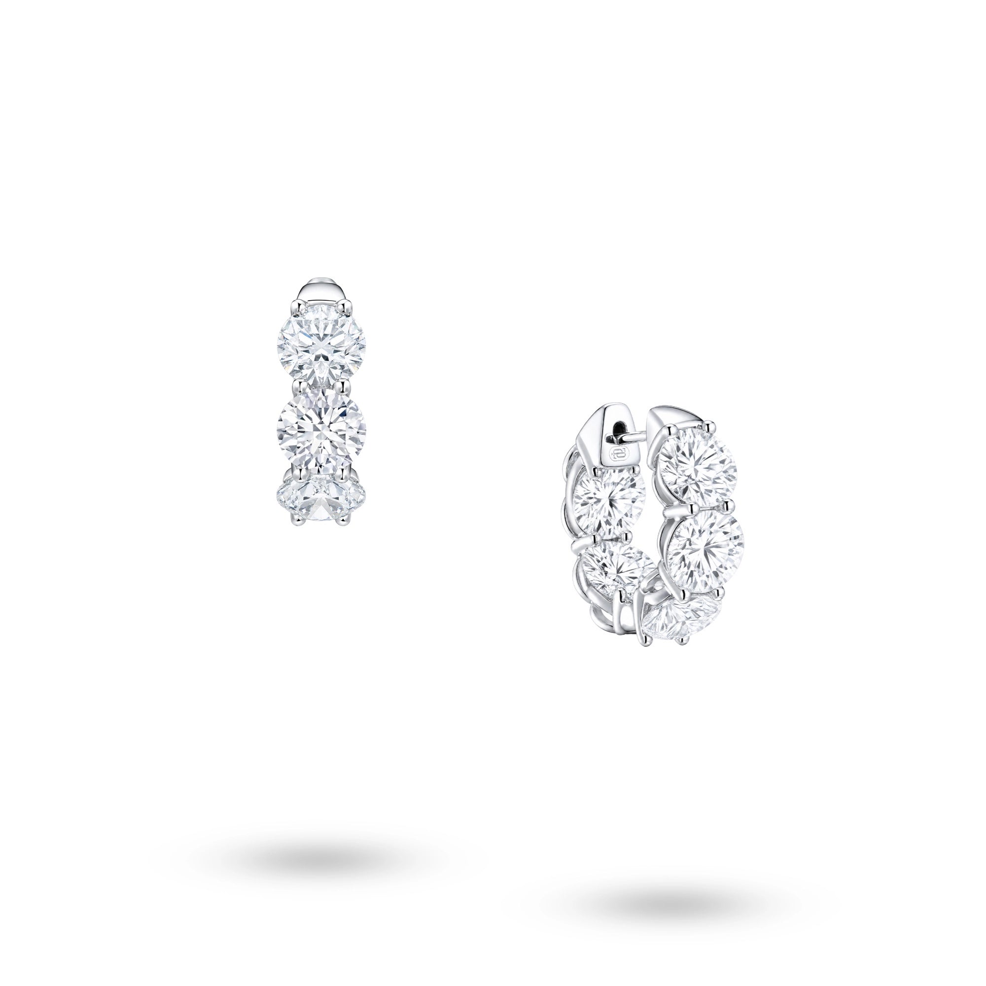 J'ENCHANTE Radiant Trio lab-grown diamond earrings in 18K white gold, shown from the front and side.