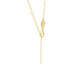 Detail of the J'ENCHANTE signature 18K gold necklace chain, featuring a secure lobster clasp, flexible adjustable sizing, and an engraved brand hallmark tag. These premium hardware details ensure durability, versatility, and comfortable everyday wear.