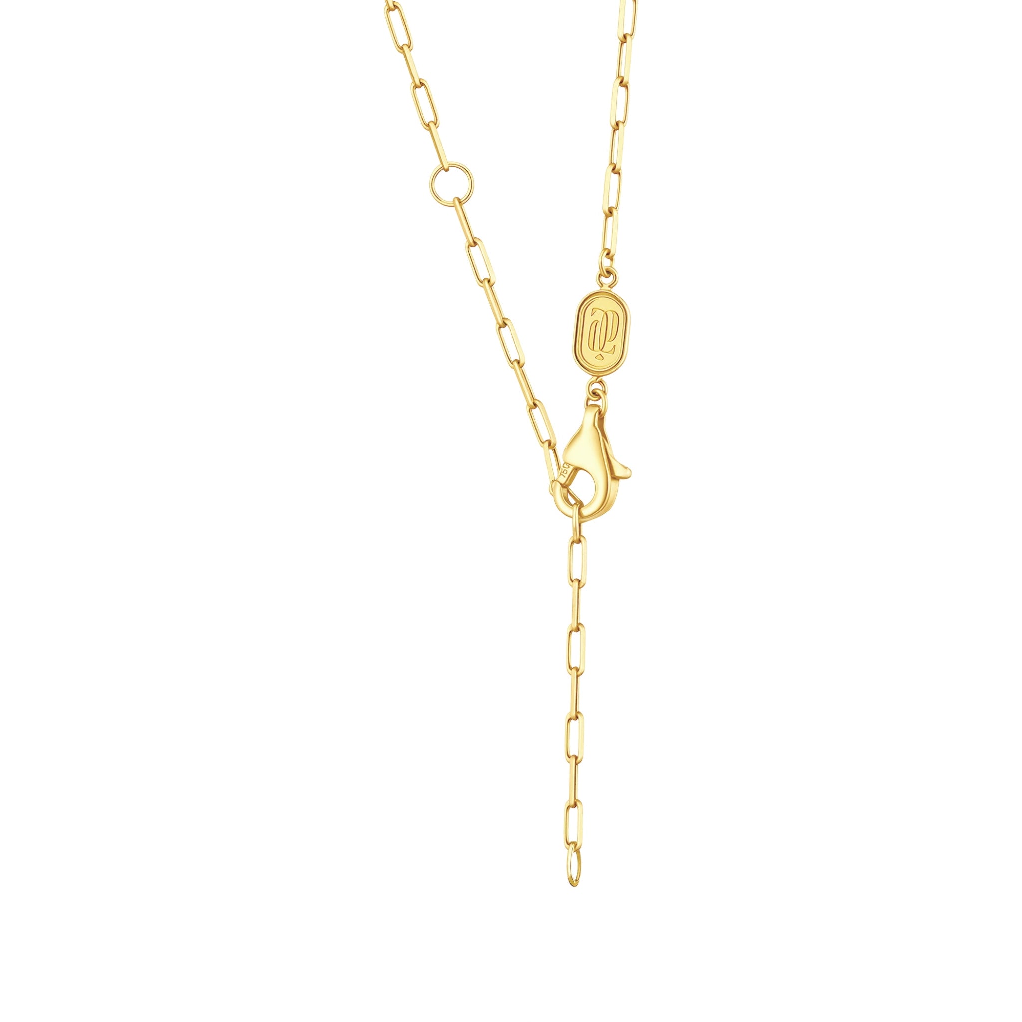 Detail of the J'ENCHANTE signature 18K gold necklace chain, featuring a secure lobster clasp, flexible adjustable sizing, and an engraved brand hallmark tag. These premium hardware details ensure durability, versatility, and comfortable everyday wear.