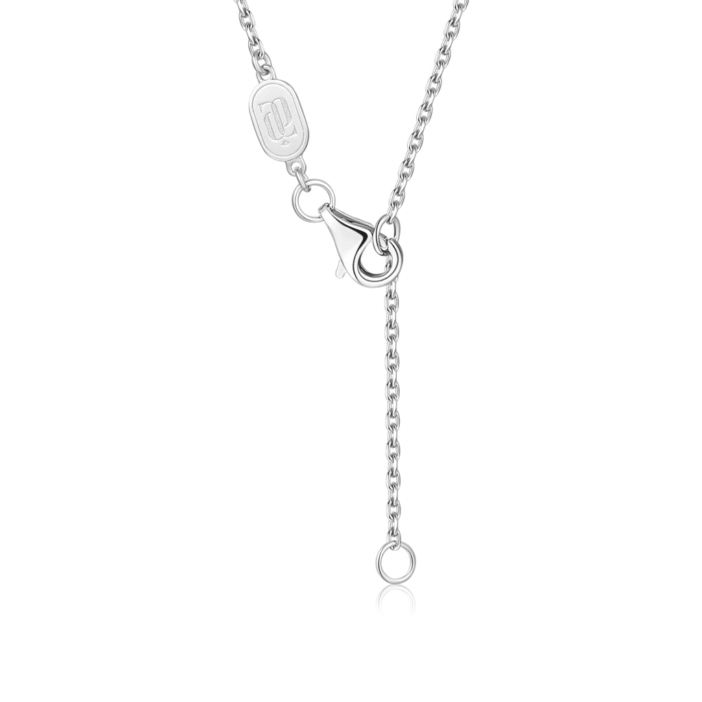 Detail view of the J'ENCHANTE signature 18K white gold necklace chain, showcasing the secure lobster clasp, flexible adjustable sizing links, and the engraved brand hallmark tag. These refined hardware details ensure safety, versatility, and comfortable everyday wear for fine jewelry.